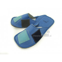 Chaussons cuir adulte patchwork fond bleu