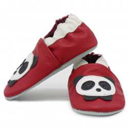 Chaussons cuir bébé Carozoo Panda fond rouge