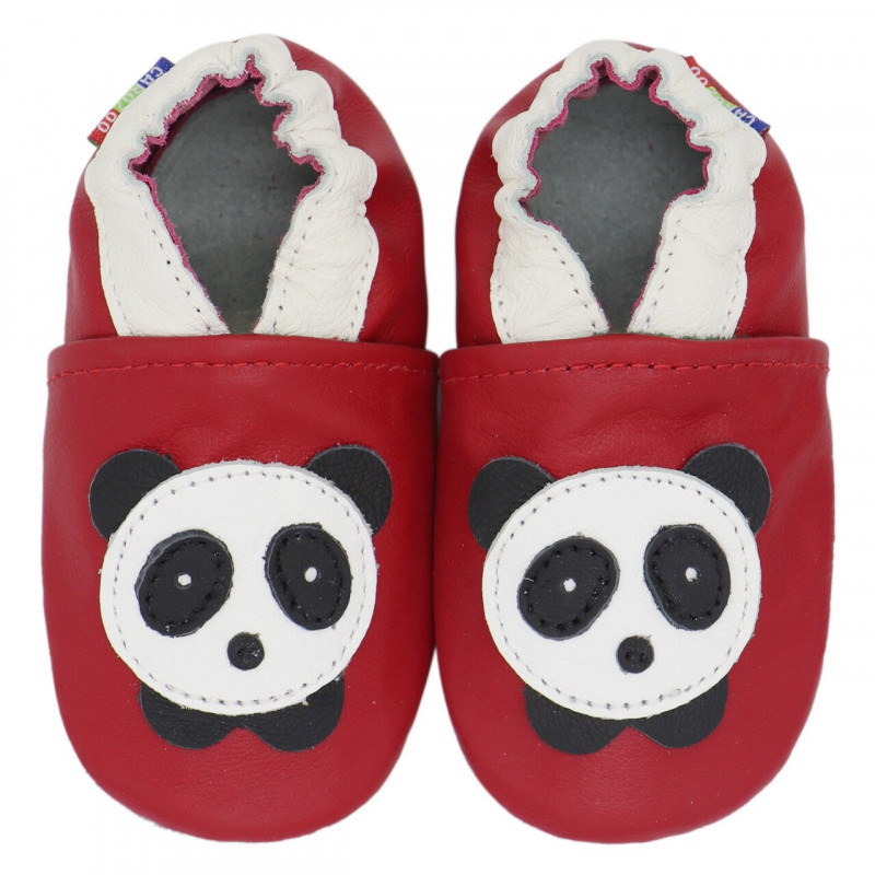 Chaussons cuir bébé Carozoo Panda fond rouge