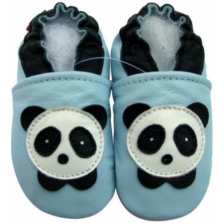 Chaussons cuir bébé Carozoo Panda fond bleu ciel