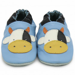 Chaussons cuir bébé Carozoo vache fond bleu clair