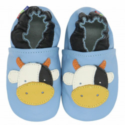 Chaussons cuir bébé Carozoo vache fond bleu clair