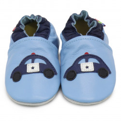 Chaussons cuir bébé Carozoo Police fond bleu clair