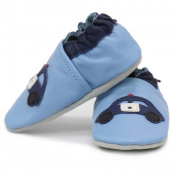 Chaussons cuir bébé Carozoo Police fond bleu clair