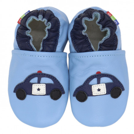 Chaussons cuir bébé Carozoo Police fond bleu clair