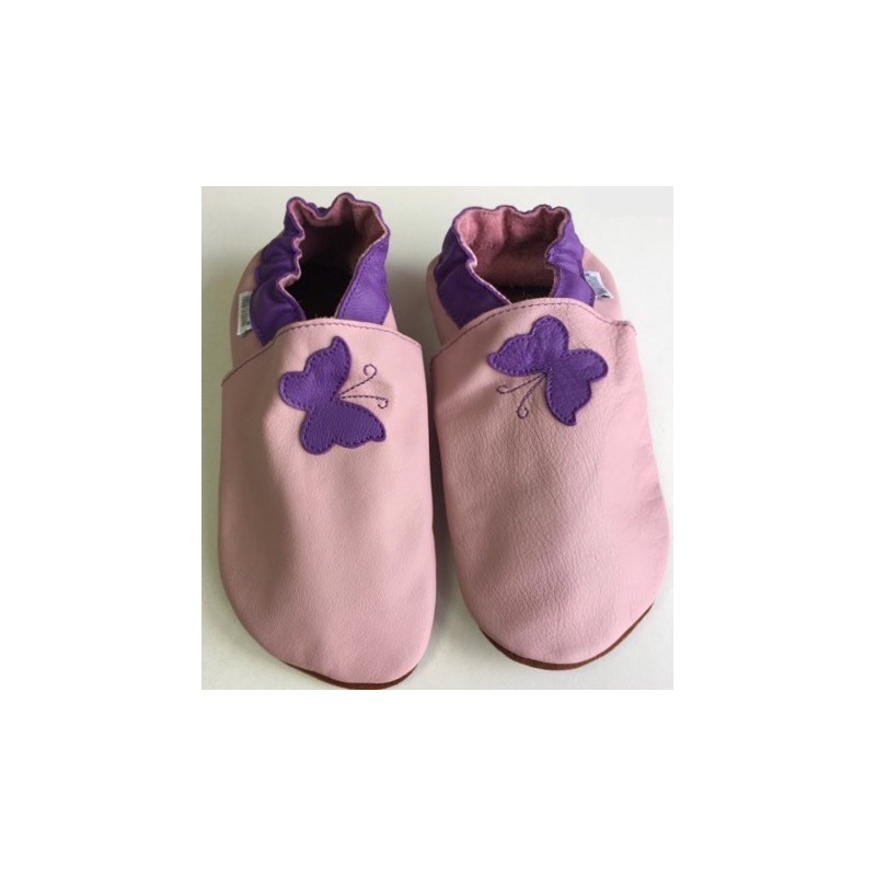 Chaussons cuir souple Papillon fond rose camel