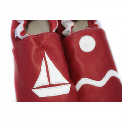 Chaussons cuir adulte Marine fond rouge