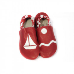 Chaussons cuir adulte Marine fond rouge