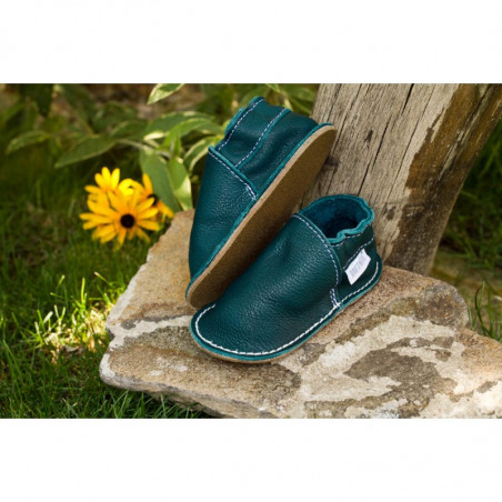 Chaussures cuir végétal vertes souples "P'tite Gomme", Green, semelle caoutchouc