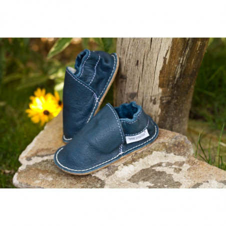 Chaussures cuir Bleues ardoise souples "P'tite Gomme" cuir végétal TOBAGOBLAU, semelle caoutchouc