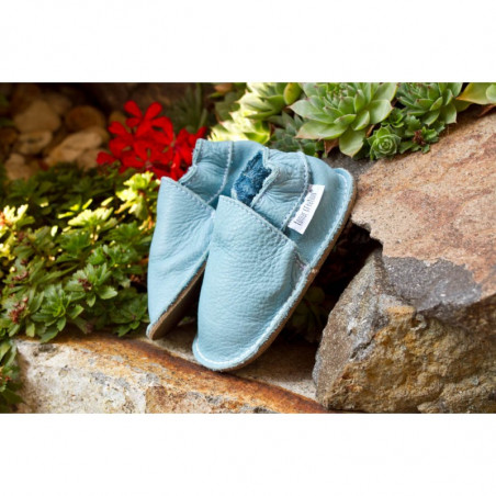 Chaussures cuir Bleues claires souples "P'tite Gomme", cuir végétal BABY BLUE, semelle caoutchouc