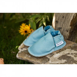 Chaussures cuir Bleues claires souples \\"P'tite Gomme\\", cuir végétal BABY BLUE, semelle caoutchouc