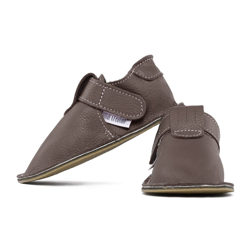 chaussures cuir Taupe souples \\"P'tit scratch\\" Uni Barefoot bebe enfant