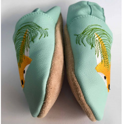 Chaussons cuir souple Renard des sables, vert d'eau.