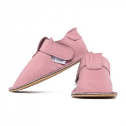 chaussures cuir roses camel souples \\"P'tit scratch\\" Uni Barefoot bebe enfant