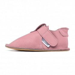 chaussures cuir roses camel souples \\"P'tit scratch\\" Uni Barefoot bebe enfant