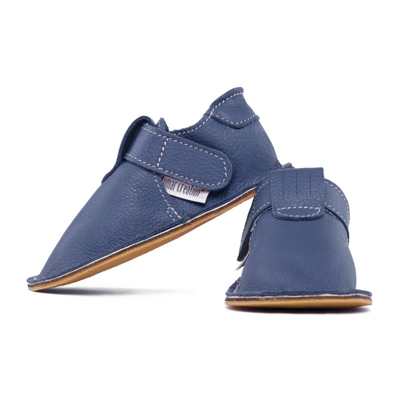 chaussures cuir Bleues marines souples \\"P'tit scratch\\" Uni Barefoot bebe enfant