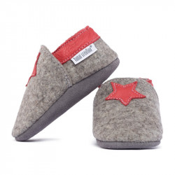 Chaussons en mérinos gris avec étoile rosso fueco