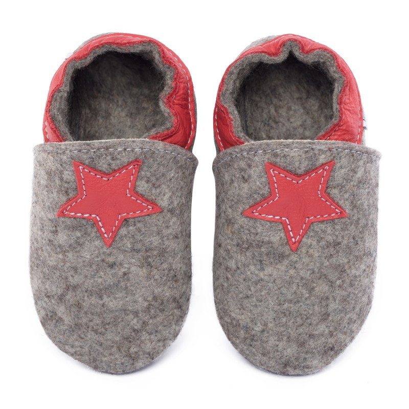Chaussons en mérinos gris avec étoile rosso fueco
