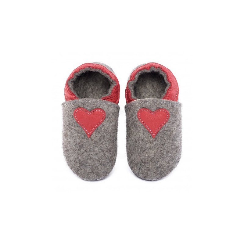 Chaussons en mérinos gris avec coeur rosso fueco