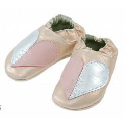 Chaussons cuir ANTIDERAPANT Coeur fond rose saumon pastel brillant