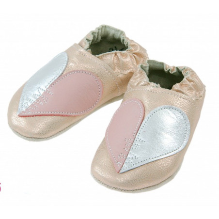 Chaussons cuir ANTIDERAPANT Coeur fond rose saumon pastel brillant