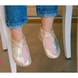 Chaussons cuir ANTIDERAPANT Coeur fond rose saumon pastel brillant