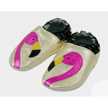 Chaussons cuir ANTIDERAPANT Flamant rose