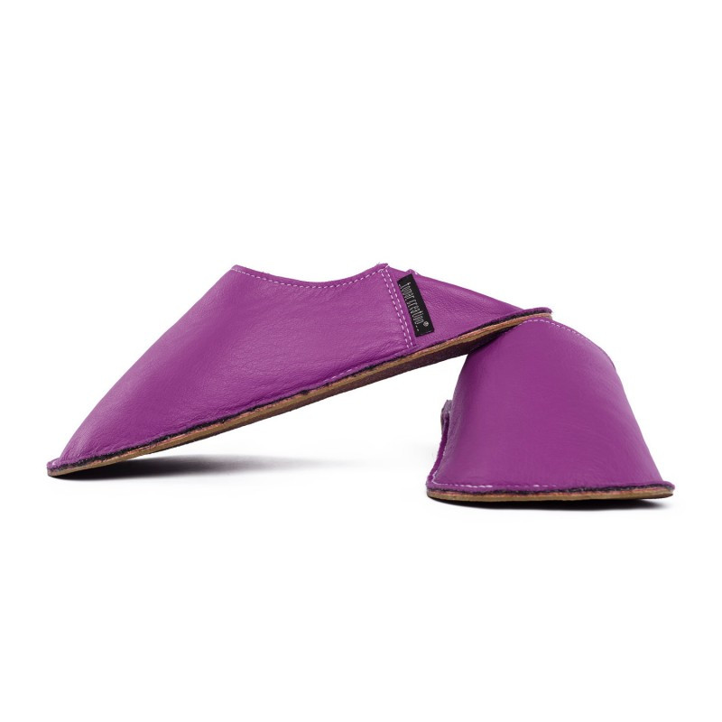 Babouche cuir violet, semelle caoutchouc