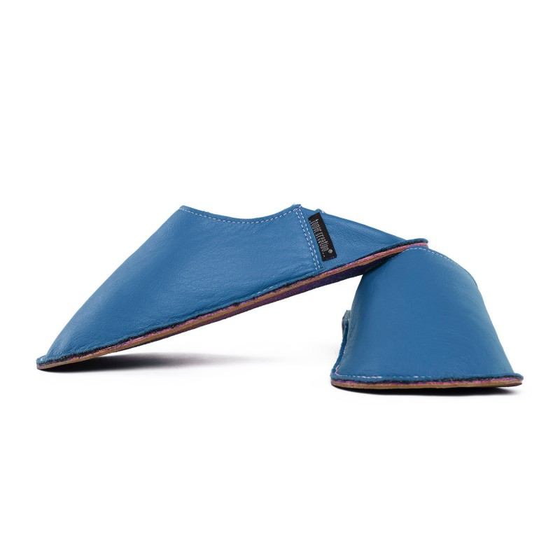 Babouche cuir Bleu Jeans, semelle caoutchouc Babouche cuir Bleu Jeans, semelle caoutchouc