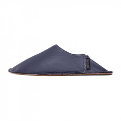 Babouche cuir Blue marino, semelle caoutchouc