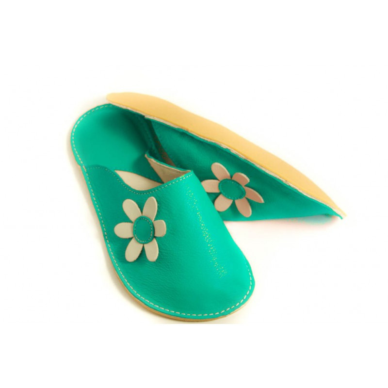 Chaussons cuir adulte Babs Bleu caraibe Fleurs Chaussons cuir adulte Babs Bleu caraibe Fleurs
