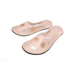 Chaussons cuir adulte pois fond rose