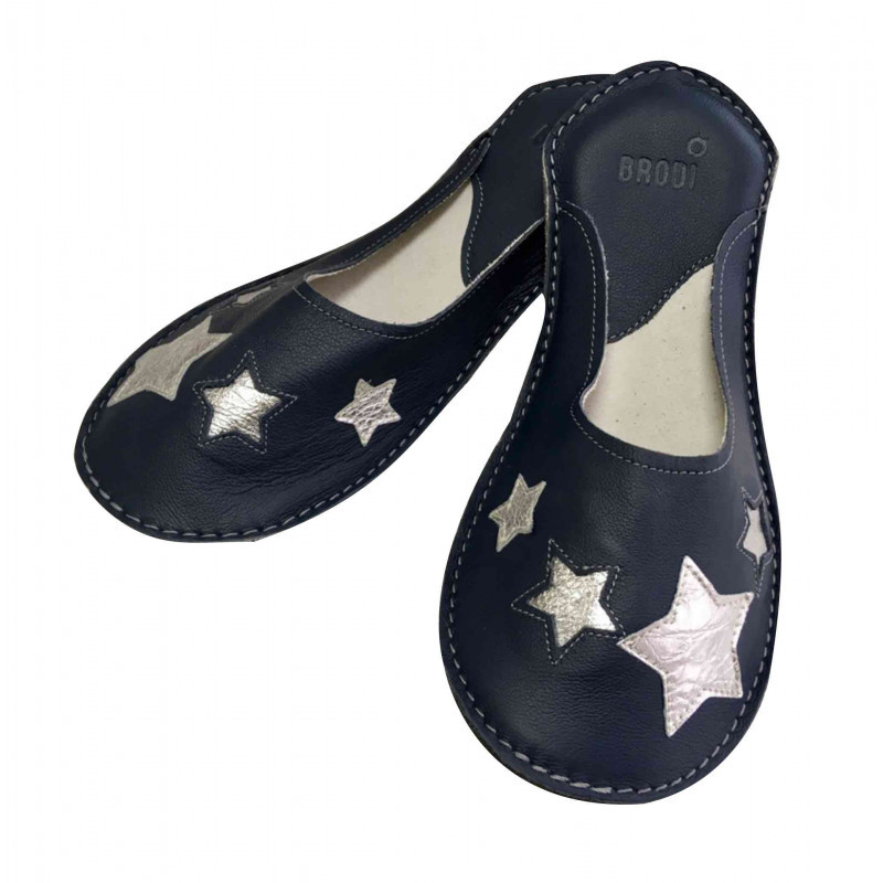 Chaussons cuir adulte Etoiles fond bleu nuit Chaussons cuir adulte Etoiles fond bleu nuit