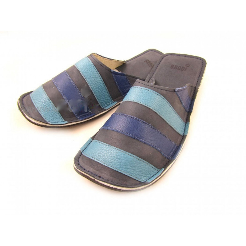 Chaussons cuir adulte bandes fond bleu marine Chaussons cuir adulte bandes fond bleu marine
