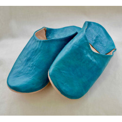 Babouche cuir Bleu caraïbe, semelle cuir, tannage végétal