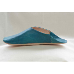 Babouche cuir Bleu caraïbe, semelle cuir, tannage végétal