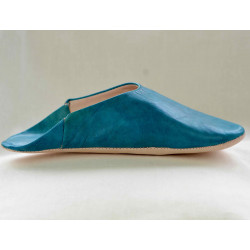 Babouche cuir Bleu caraïbe, semelle cuir, tannage végétal