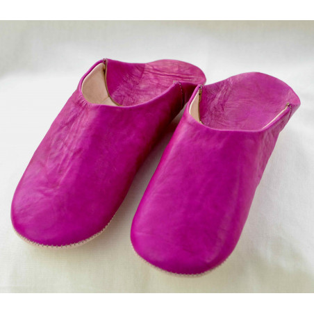 Babouche cuir Fushia, semelle cuir, tannage végétal