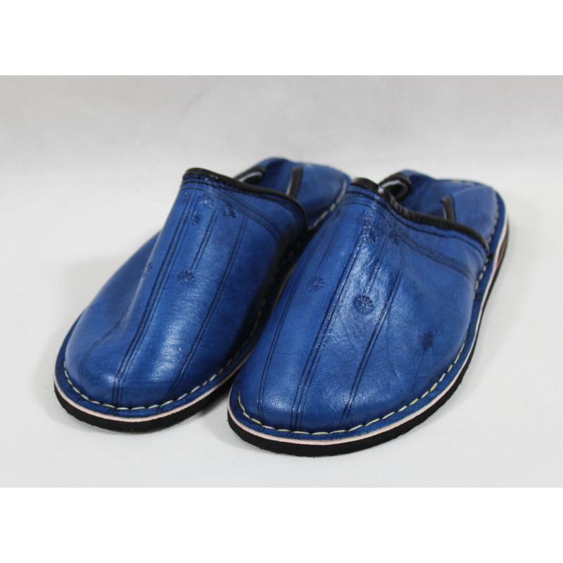 Babouche cuir Bleu jeans, semelle élastomère, tannage végétal