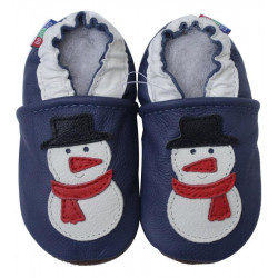 Chaussons cuir bébé Carozoo Bonhomme de neige fond bleu