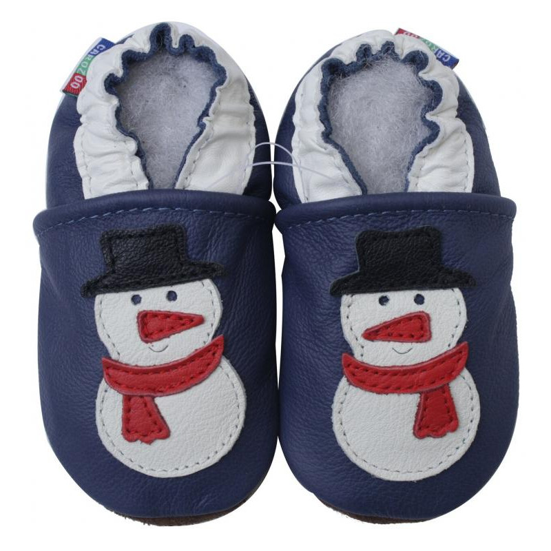 Chaussons cuir bébé Carozoo Bonhomme de neige fond bleu