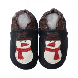 Chaussons cuir bébé Carozoo Bonhomme de neige fond noir