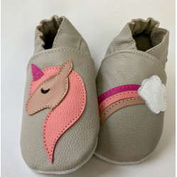 Chaussons cuir souple licorne et arc-en-ciel