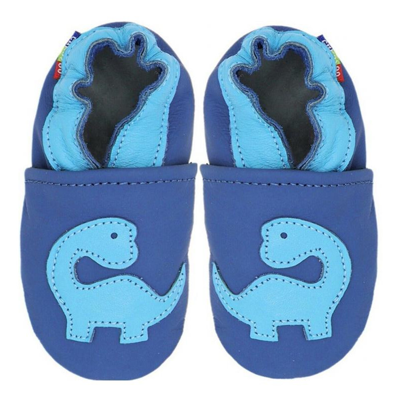 Chaussons cuir bebe Carozoo Dinosaure fond bleu pour enfant et bebe