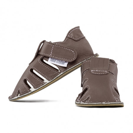 Chaussures cuir Taupe souples "P'tit scratch été" Uni Barefoot bebe enfant