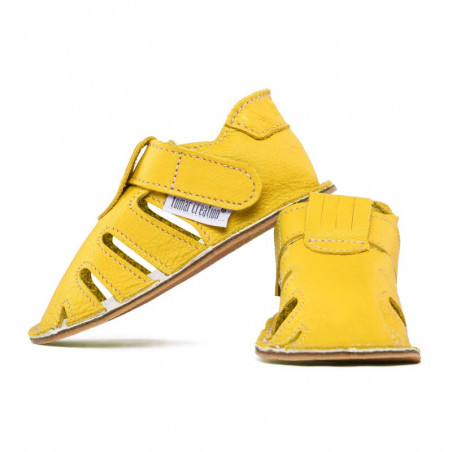 Chaussures cuir jaune souples "P'tit scratch été" Uni Barefoot bebe enfant Soleil