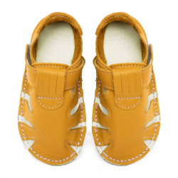 Chaussures cuir jaune souples \\"P'tit scratch été\\" Uni Barefoot bebe enfant Girasole