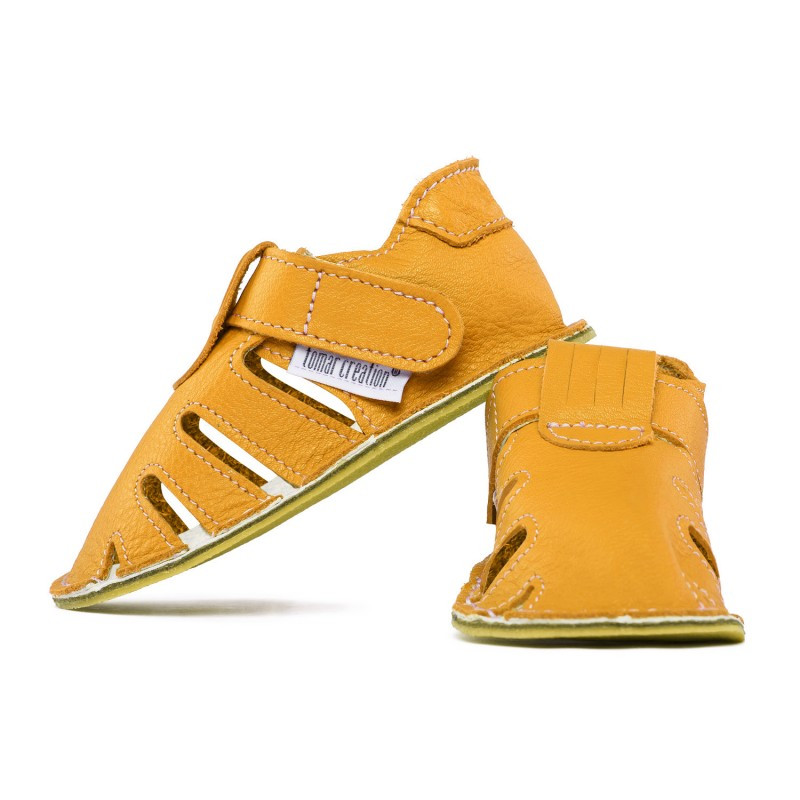 Chaussures cuir jaune souples \\"P'tit scratch été\\" Uni Barefoot bebe enfant Girasole