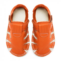 Chaussures cuir orange souples \\"P'tit scratch été\\" Uni Barefoot bebe enfant volcanic
